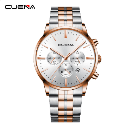 CUENA Men's Watch Original Brand Fashion Multifunction Luminous Business Sport Analog Quartz Stainless Steel Waterproof Watch SILVER ROSEGOLD WHITE