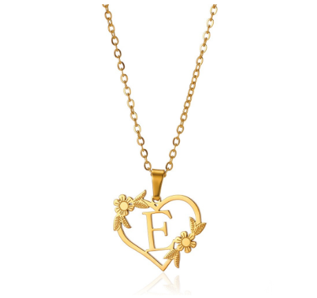 New Personalized Creative Gold Plated Stainless Steel Love Flower Hollow Heart A-Z Letter Necklace Initial Name Pendant Women's E