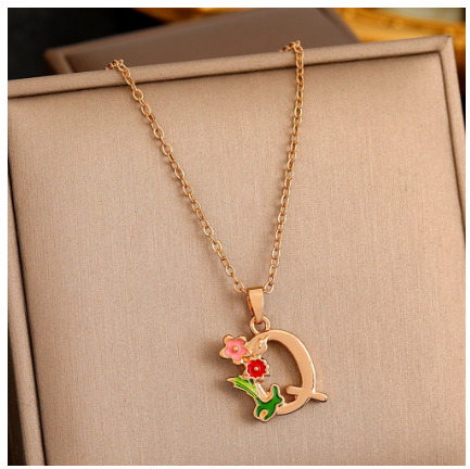 26 Letter Gold Pendant Necklace Dropped Oil Flower Animal Letter Necklace Fashion Men's and Women's Gift Wholesale Q