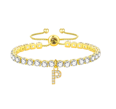 Vnox Cubic Zircon Letter Bracelet for Women Girl,18K Gold Handmade Initial Tennis Shiny Wedding Chain Link Jewelry Gift P