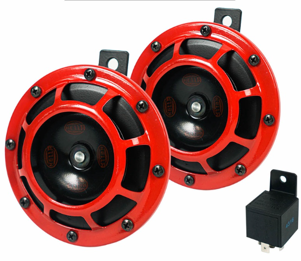 Hella Super Tone Horn Set 12V with 5 Pin Relay H-S821 (Black with Red)