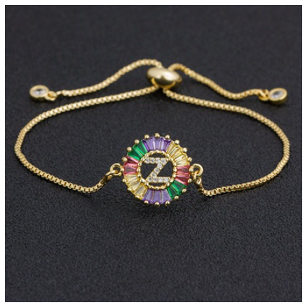 New Fashion A-Z Initial Colorful Cubic Zircon Letter Bracelets Adjustable Chain Rainbow Jewelry Z