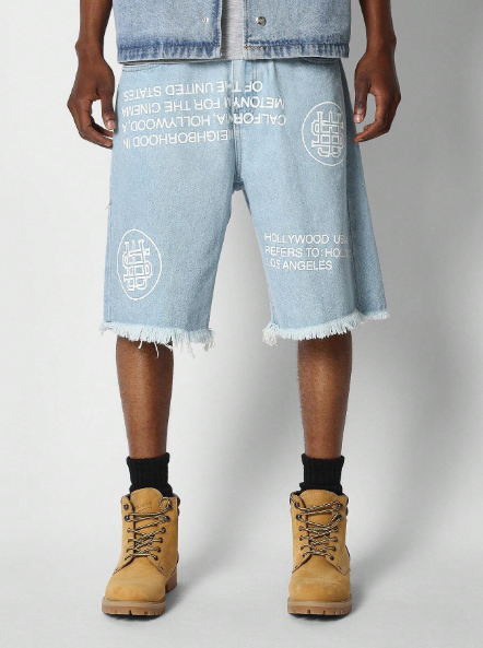 SUMWON Denim Raw Edge Short With Graphic