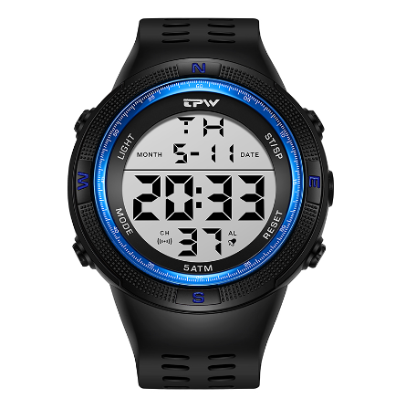 TPW Digital Watch For Male Oversized 53mm Dial 5ATM Waterproof Watches Swimming Calendar Wristwatch BLUE
