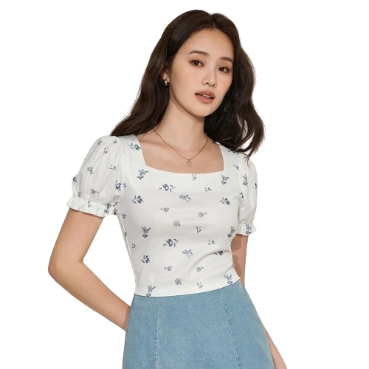 Lovito Women Casual Floral Puff Sleeve Square Neck T-Shirt L45ED080 (Multi-Color)