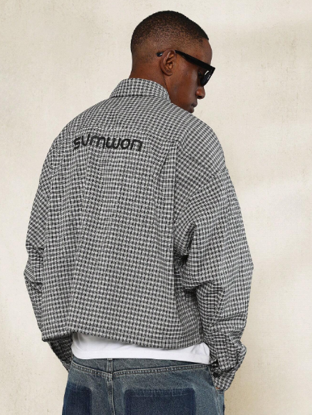 SUMWON Crop Fit Long Sleeve Checkboard Shirt With Small Letter Graphic Print