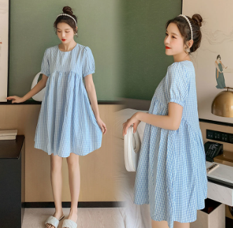 Maternity Plaid Dress Pregnant Women Puff Short Sleeve Maternity Wear Fashion Loose Clothes