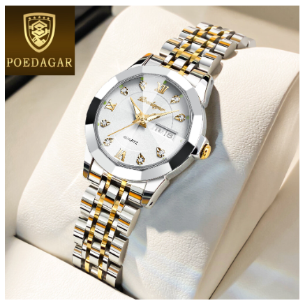 POEDAGAR luxury watch for woman waterproof 2023 sale original korean style business stainless steel luminous calendar wristwatch GOLD WHITE