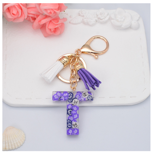 New 26 Letters Constellation Symbol Slice Resin Keychain Charms Women Handbag Ornaments With Tassel Key Ring Accessories Gift T