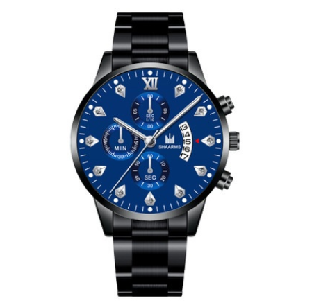 Men's Watch Men's Three Eyes Business Quartz Analog Stainless Steel Watch BLACK BLUE SILVER