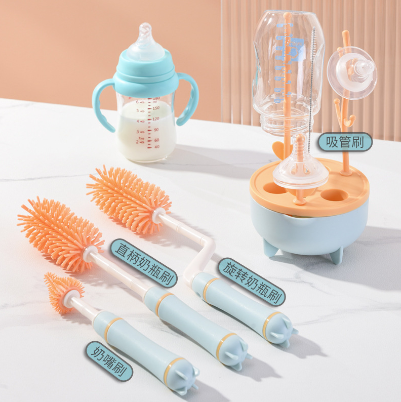 4Pcs Soft Silicone Milk Bottle Brush With Base Baby Bottle Teat Nipple Pacifier Brushes Straw Brush