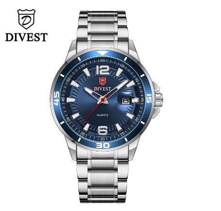 DIVEST Brand Luxury Mens Watches Fashion Waterproof Quartz Casual Male Military Original Calendar Men's Watches 9025 SILVER BLUE