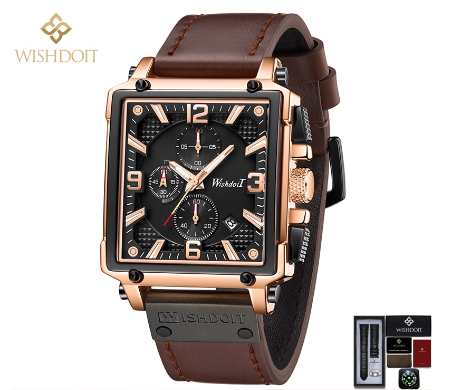WISHDOIT Watch for Men Original Waterproof Sports Leather Strap Fashion Trend Calendar Luminous Square Watch BROWN GOLDEN BLACK