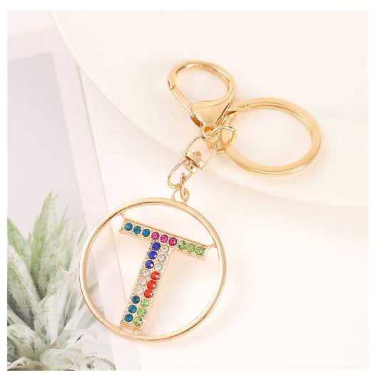 Colorful Rhinestone A-Z Letter Keychain Hollow Round Initials Alloy Keyring Bag Pendant Ornament DIY Accessories Charms Gift T