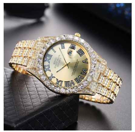 new rhinestone starry hip hop men's watch magnifying glass calendar full diamond roman scale alloy steel band watch men F5