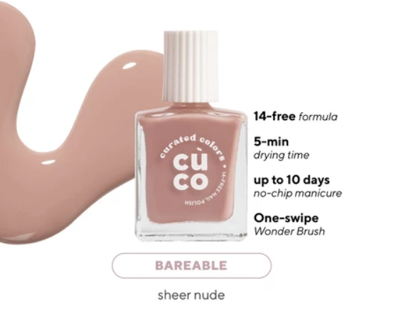 CuCo Sheer Nail Polish - Bareable (14-free, Quick-Dry, Vegan, Long-Lasting, Sheer Nail Polish)