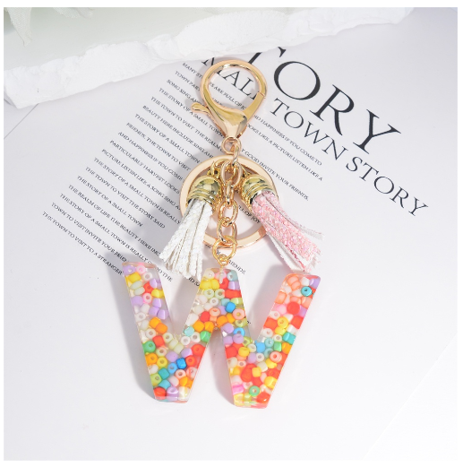 Colorful Beades Filled A-Z 26 Letter Keychains For Women Fashion Initials Keyring With Tassel Bag Pendant Accessories Souvenir W