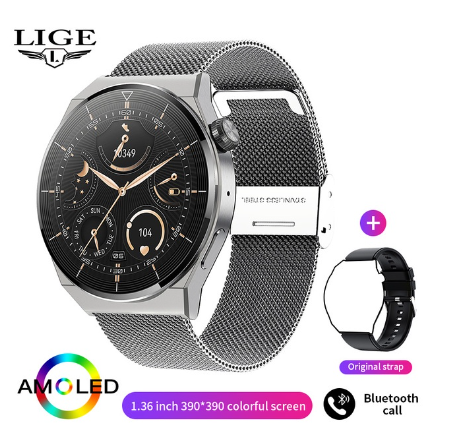 LIGE Smart Watch Men AMOLED HD Screen Heart Rate Bluetooth Call IP68 Waterproof SmartWatch For Android and Ios MESH SILVER