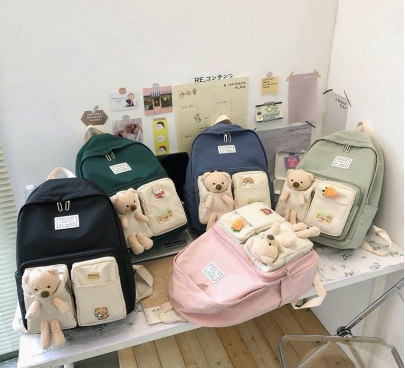 YQY #1185 Korean backpack student schoolbag canvas bear cartoon large capacity versatile backpack