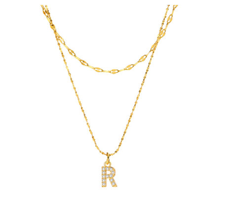 Vnox Double Layered Letter Initial Pendant Necklace,Gold Plated Shiny Zircon Alphabet Charm Necklace for Women R
