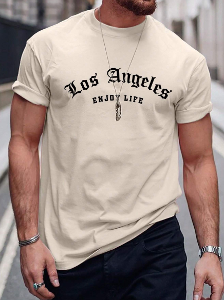 Manfinity Homme Men T-Shirts Fit Crew Neck Short Sleeve Slogan Tee Los Angeles Urban Casual Summer Polyester