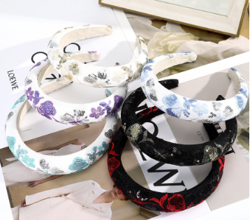 Retro Sponge Padded Headband Women Sequin Embroidered Flowers Hair Band Hair Accessories