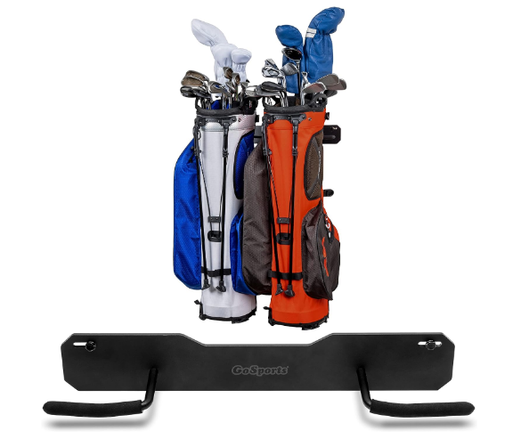 GoSports Wall Mounted Golf Bag Storage Rack - Holds 2 Golf Bags, Black