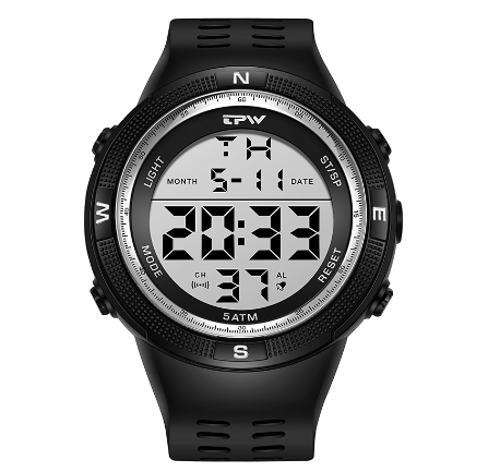 TPW Digital Watch For Male Oversized 53mm Dial 5ATM Waterproof Watches Swimming Calendar Wristwatch SILVER