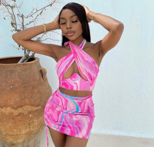 Women Halter Hollow Tank Top & High Waist Drawstring Skirt Set