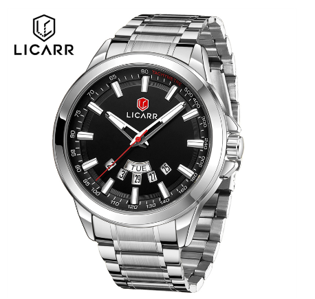 LICARR Brand Watch Men Fashion Sport Waterproof Quartz Business Men's Watches Date Week Display Luminous 9517 SILVER BLACK