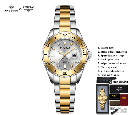 ZUNPAI Watch for Woman Original Waterproof Stainless Steel Silver Gold Business Fashion Trend Luminous Calendar Women Watch GOLDEN WHITE