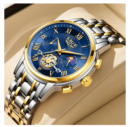 LIGE Business Waterproof Watch Men Fashion Military Quartz Stainless Luxury Sports Full Calendar Chronograph Watch GOLD BLUE