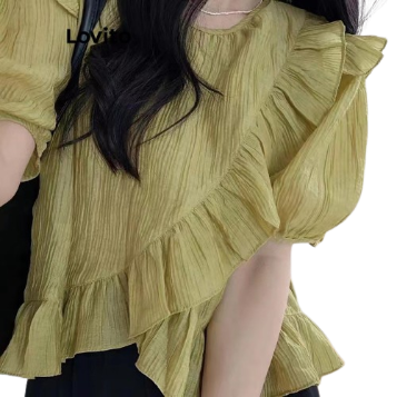 Lovito Women Ruffle Neck Asymmetrical Blouse LNA29138 (Green)