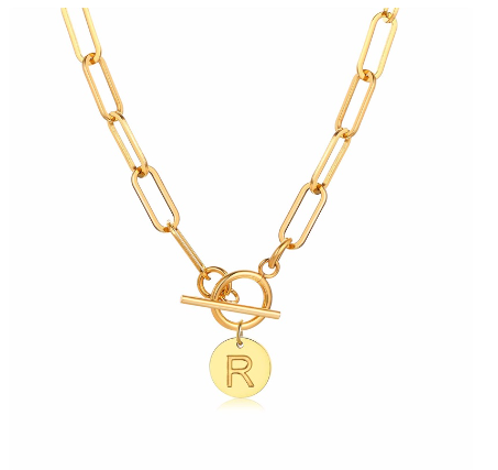Vnox Women Stainless Steel Gold Plated Initial Pendant Necklace with Paperclip Necklace R