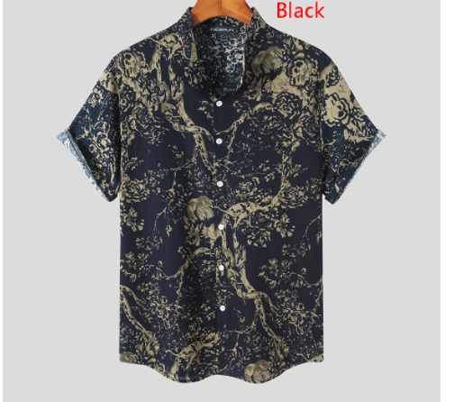 Men Cotton Vintage Style Printed Short Sleeve Lapel Collar Shirts