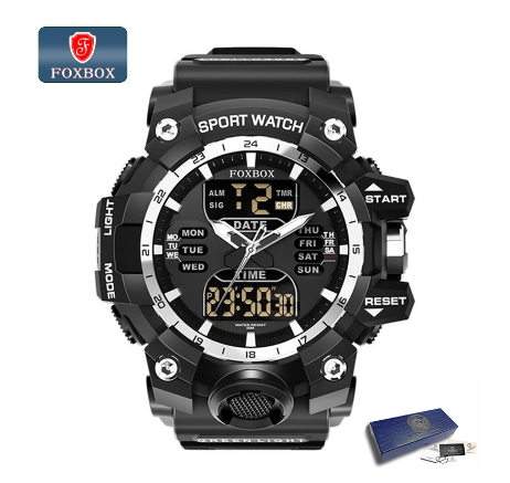 FOXBOX Original Electronic Digital Watch Men Electronic Sport Waterproof Watch BLACK