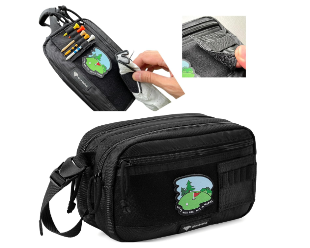 Golf Pouch Bag for Balls Accessories Valuables | Customizable with Hook-and-Loop Panel | Ideal Golfer Gift, Includes Tee-Holder and Motivation Patches | Also Great for Gym Sports Travel Tactical