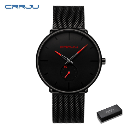 CRRJU Men's Fashion Black Stainless Steel Wrist Watch Waterproof Business Dress Watch for Men 2150S M16