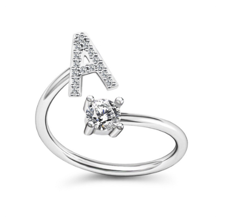 Simple Rhinestone 26 Letter Rings For Women Sliver Color Initials Adjustable Ring Opening Finger Accessories Wedding Jewelry A