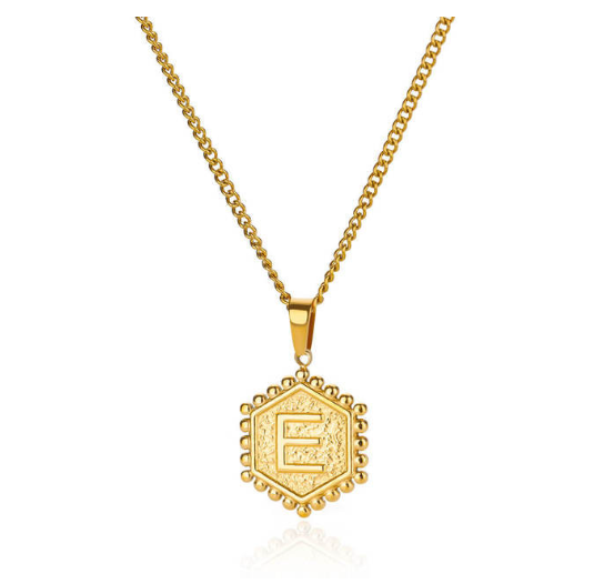 Fashion Hexagon A-Z Letter Necklaces For Women Stainless Steel Initial Hexagon Pendant Necklace E