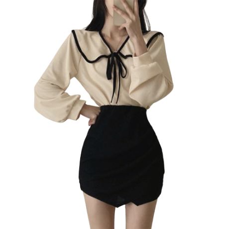 Lovito Women Contrast Tape Lace Up Ruffle Bishop Sleeve Blouse LNE24175 (Off White)