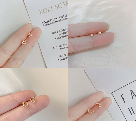 925 Pure Silver Mini Small Flower Moon Fine Zircon Small Crown Earrings Fashion Accessories SP