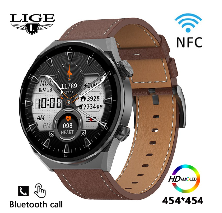 Original LIGE NFC Access Control Smart Watch AMOLED 454*454 IPW8 WaterProof SmartWatch Men Bluetooth Calling Sports Watch BROWN BLACK