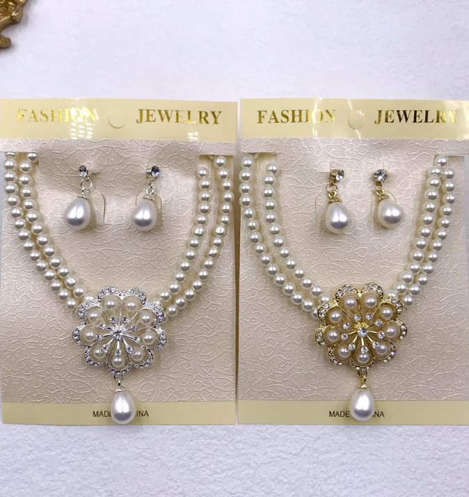 Elegant Pearl Rhinestone Necklace Earrings Set Fashion Accessories Set Bridal Two Layer Jewelry Set