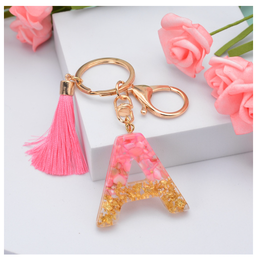 Pink Tassel Gold Foil 26 Letter Pendent Keychain for Women Resin Keyrings Girls Bag Ornamant Accessories Gifts A