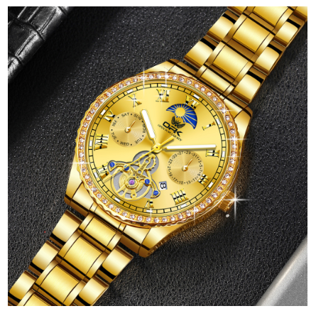 OPK Watch For Men Waterproof Original Stainless Steel With Box Fashion Luminous Calendar Quartz Diamond Men Watch GOLD DIAL GOLD STRAP