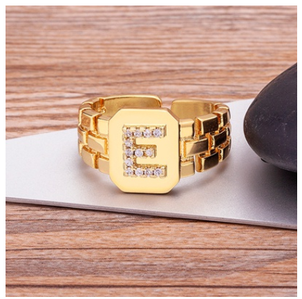 New Arrival Fashion Gold Color Initial Ring Open Design Adjustable Hot Sale A-Z Letters Zircon Rings For Women E