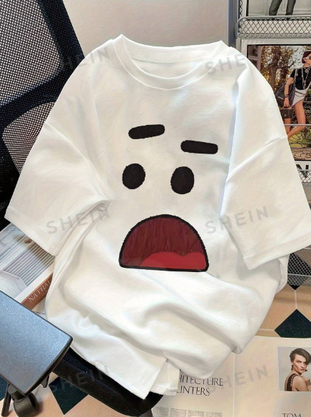 SHEIN EZwear Funny Printed Oversized T-Shirt, Vintage Styled Loose-Fitting Women's Short Sleeve Tee With Round Neck