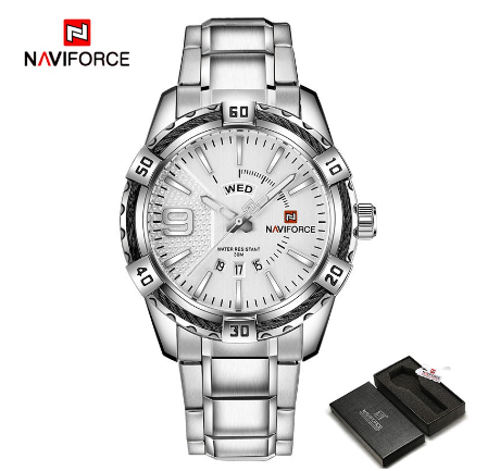 Naviforce NF9117 Men Original Brand Stainless Steel Fashion Sport Full Steel Quartz Waterproof Gold With Original Box Watch SILVER