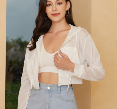 Casual Plain Hoodie Zip Up Contrast Mesh Jackets (White)